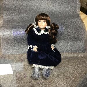 Classic Porcelain Blue Velvet Doll with Brown Hair